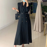 Solid Belt Dress Women Spring Autumn Notched Long Sleeve Office Ladies Blazer Dress Female Long A-Line Black Dress-Outfit
