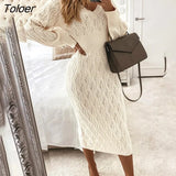 Women Knitted Long Sleeve Dress Elegant V Neck Hollow Party Long Dresses Casual Autumn Winter White Plus Size Basic