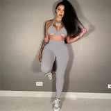 Casual Sporty Set Woman 2 Pieces Halter Crop Top Camisole High Waist Pants Matching Sets Sexy Backless Solid Slim