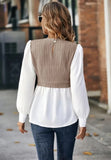 Fake Two Shirts For Women 2023 Casual O-neck Puff Sleeve Wave Blouse Autumn Fashhion Slim Button Top Femme-Outfit