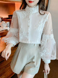 Lace Mesh Shirts Spring White Blouse Stand Collar Lantern Sleeve Tops Flowers Embroidery Women's Clothing Elegant