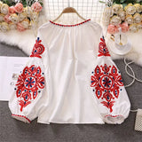 Vacation Retro National Style Embroidery With Esopre V-Neck Lantern Sleeve Shirt Shirt Women Loose