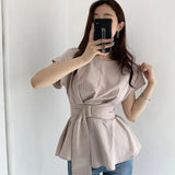 Pleated Sashes Design Women's Blouse Short Sleeve Solid Breathable Ruffles Female Blouses 2021 Summer Elegant Casual