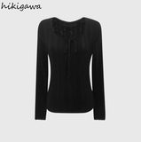Woman Tshirts O-neck Long Sleeve Tunic Tees Temperament Simple Chic T-shirts 2023 Ropa Mujer Bandage Casual T Shirt Tops-Outfit