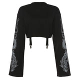 InsGoth Black Crop Top Hoodie Women Sweatshirt Gothic Punk Grunge Dragon Printed Harajuku Loose Sweatshirt Pullover Female