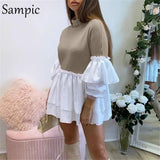 Spring Autumn Sexy Long Puff Sleeve Patchwork Shirt Dress Women Casual Party A-Line Mini Dresses Black Vestidos 2021