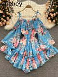 Women Off Shoulder Strap Dress Slash Neck Puff Sleeve Wide Leg Jumpsuits Summer Bohemian Print Vacation Short
