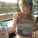 Y2k Aesthetics Tank Tops 2000s Harajuku Crop Tops Kawaii E-girls Patchwork Mesh Tops Vintage Renaissance Print Sheer