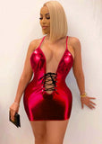 Sexy PU Coating Sleeveless Backless Bandage Hollow Out Mini