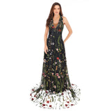 Fashionable Sexy Deep V Sleeveless Embroidered Dress Slim Bare Back Swinging Dress Prom Dress Long Dress-Outfit