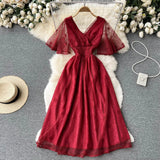 Women French Lace Dress Short Sleeve V Neck Elastic Ruched A-line Dresses 2022 Summer Elegant Streetwear Midi