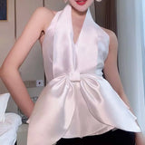 Patchwork Bowknot Shirt For Women V Neck Sleeveless Slim Solid Backless Blouses Female Fashion Clothing Style