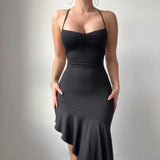 Toloer Summer New Temperament Hanging Neck Back Tie Slim Empty Lotus Leaf Skirt Dress