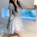 Blue Floral Elegant Dress Women Korean High Waist Design Party Casual Sweet Dress Female Puff Sleeve Outing Kawaii