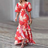 2025 New Color V-Neck Bubble Sleeve High-Waisted Temperament Irregular