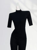 Toloer High Temperament Style Half High Collar Sleeve Bottom Shirt Female Five Sleeve Black With Short Sleeve Slim