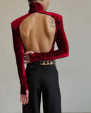 Sexy Rib Velvet High Neck Backless Long Sleeve with Mittens Fingerless