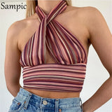 Casual Women Bandage Striped Summer Sexy Club Mini Halter Vest Crop Tops Backless Beach V Neck Skinny Tank Tops T