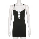 Women Elegant Chic Spaghetti Strap Dress Solid Color Heart Metal Ring Cutout Sleeveless Backless Bodycon Dress-Outfit