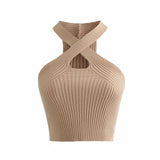 Ladies Sexy Camisole Solid Color Cross Halter Sweater Vest Slim Sleeveless Base T-Shirt Midriff-baring Knitted Tops-Outfit