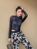 Butterfly Print Mesh Top Long Sleeve Tees Patchwork Bodycon Tshirt Black See Through Crop Top Fashion T Shirt