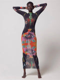 Summer Sexy Clothes Bodycon Dresses For Women 2022 Long Sleeve O Neck Dress Female See Though Print Mesh Party Maxi