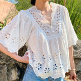Embroidery Art White Top Women's Sleeves Holiday Blouse Women's Niche Design Women's Shirt