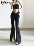 Black Slim Stretch Versatile Commuter Classic High Waist Simple Split Young Women's Zipper Flared Trousers Girl Casual-Outfit