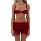 Women Y2K 2Piece Skirts Outfits Solid Color Spaghetti Strap Frills Sleeveless Cami Bra Tops+Low Waist Mini Skirts Set-Outfit