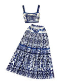 Blue And White Porcelain Printing Set Women's Summer Pure Desire To Bare Belt Slings Small Vest + High Waist Mid-Long