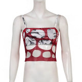 Grunge Print Cami Top Hollow Out Mesh Patchwork Vintage Y2K Crop Tops Women Summer 2022 Contrast Stitch