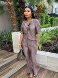 Short Sleeve Shirts Set Woman 2 Pieces Sexy Green Pleated Trouser Suits Female Casual High Waist Wide Pants