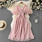 Women French Lace Dress Short Sleeve V Neck Elastic Ruched A-line Dresses 2022 Summer Elegant Streetwear Midi