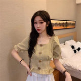 Women Summer Chic Plaid Novelty Korean Style Hem Ruffles Button Classic Slim Tunic Top Short Holiday Student Kawaii