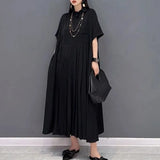 Women's Clothing Korean Pleated Patchwork Long Dress Casual Loose Summer All-match Solid Color Commute Polo-Neck Button Dresses-Outfit