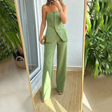 Korean Women Strapless Sleeveless Button Tops Two Piece Sets Sexy Solid Casual Straight Long Pants Set Autumn Slim Fit-Outfit