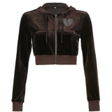 Y2K Sweet Heart Velvet Diamond Hoodies Women Spring Autumn Hooded Jackets Zip Up Long Sleeve Cropped Top