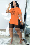 Mesh Shorts Letter Print Slit T-Shirt Two Piece