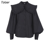 2021 Spring Casual Black Women Blouse Top Lantern Sleeve White Oversize Collar Shirt Office Ladies Ruffles Blouse