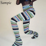 Tie Dye Casual Striped Knitted Skinny High Waisted Long Pants Streetwear Summer 2021 Fashion Sexy Wrap Trousers