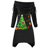 Large Women's Long-Sleeved Christmas Tree Printed Pleated Collar Irregular Long Rope Autumn And Winter Knitted Dress-Outfit