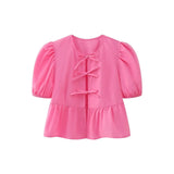 Women's Elegant Kawaii Summer Peplum Blouse Tops Short Puff Sleeve Round Neck Bow Tie-Up Front Babydoll Flare Shirts-Outfit