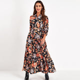 Floral Print Long Maxi Dress Women Casual Turn Down Collar Shirt Dress Three Quarter Sleeve Bohemian Sashes
