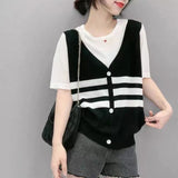 Fake Two Pieces Knitted Patchwork Pullovers Striped Summer Casual Button Female Clothing Streetwear Korean Loose T-shirt-Outfit