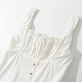 Ruched Chest Corset Style Sling Dress Low Waist Spliced Folded Swing Long Midi Women Elastic Strap Sleeveless Robe White-Outfit