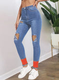 Blue Cut Out Damaged Contrast High Waist