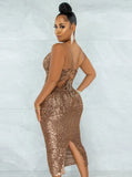 Fashion Sexy Sequins Straps Backless Slit Midi
