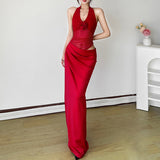Spring And Summer New Women's Temperament Retro Fake Two Hanging Neck V-Neck Empty Net Yarn Dress
