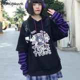 Hoodie Fake Two Piece Hooded Sweatshirt Striped Patchwork Hoodies Women Clothes for Teens Y2K Anime Harajuku Black Tops-Outfit