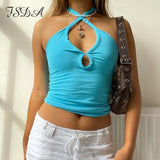 2021 Summer Blue Women Crop Top Halter Neck Sleeveless Backless Off Shoulder Casual Sexy Fashion Tank Tops